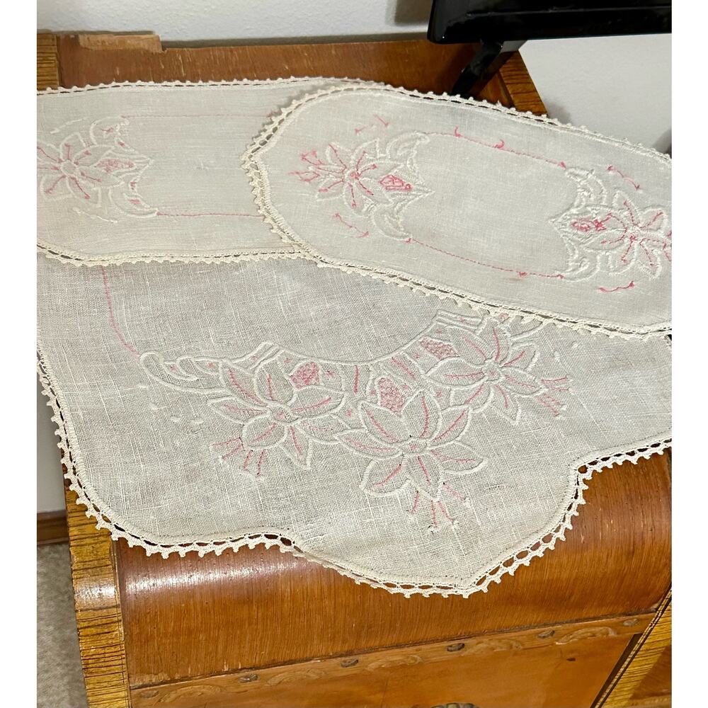 Vintage Hand  Embroidered 3-piece Dresser Scarf Table Runner Linen Flowers Pink